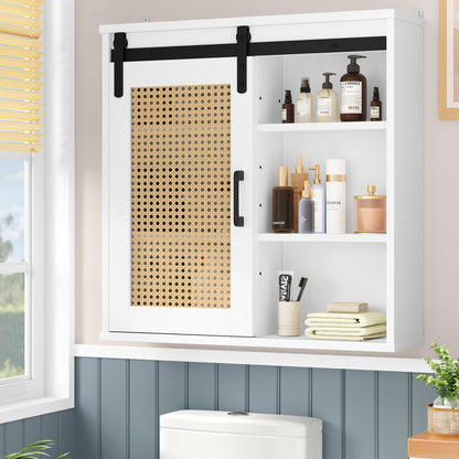 YITAHOME Bathroom Cabinet Wall Cabinet, Rattan Wall Cabinet, Towel Cabinet for Storage Over the Toilet, Wood Wall Storage Bathroom Cabinet with Sliding Barn Door and Adjustable Shelf, Floating Cabinet