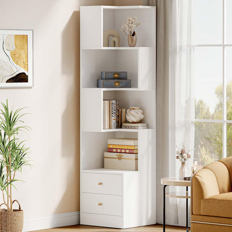 IRONCK Corner Bookshelf, 70.87" Tall Corner Bookcase with Drawers, Corner Shelf Storage Display Rack for Living Room Home Office, White IRONCK