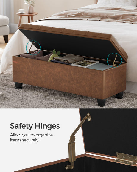 SONGMICS Storage Ottoman, Storage Bench, Tufted Entryway Bedroom Bench, 17.7 x 46.5 x 17.7 Inches, Hinges Easy Lid Operation, Wooden Legs, Synthetic Leather, Loads 330 lb, Coffee Brown ULOM071K01 SONGMICS