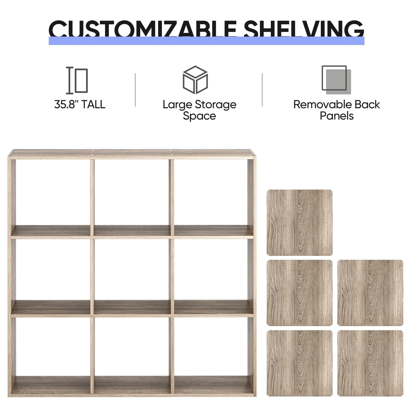 ZenStyle 9-Cube Natural Wooden Storage Shelf Organizer with Customizable Back Panels - WoodArtSupply