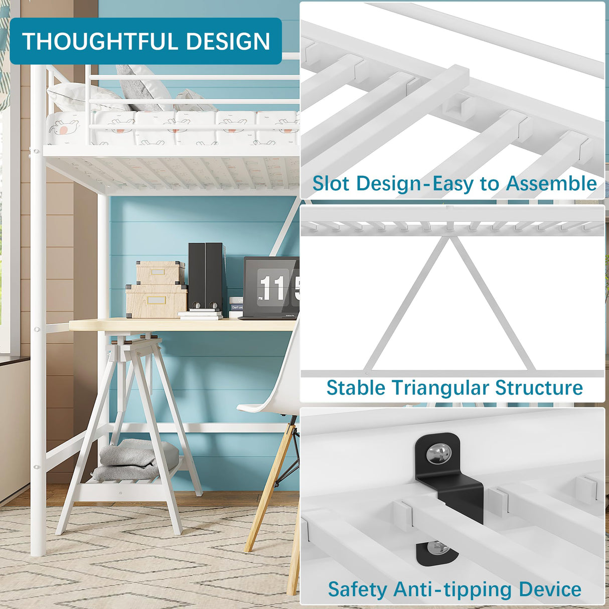 VECELO Twin Size Loft Bed with Full-Length Guardrails and Removable Ladder, Heavy-Duty Metal Frame, Space-Saving Design & Noise-Free, White VECELO