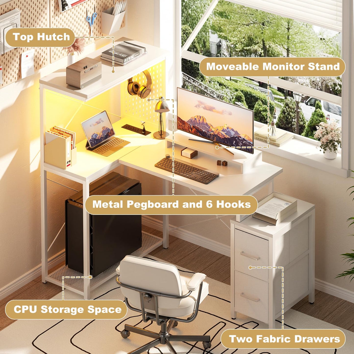 L Shaped Gaming Desk with 2 Fabric Drawers - Reversible Computer Desk with Power Outlet & LED Lights, 48" Corner Desk with Monitor Stand & Storage Shelves, Office Study Table with Pegboard, White