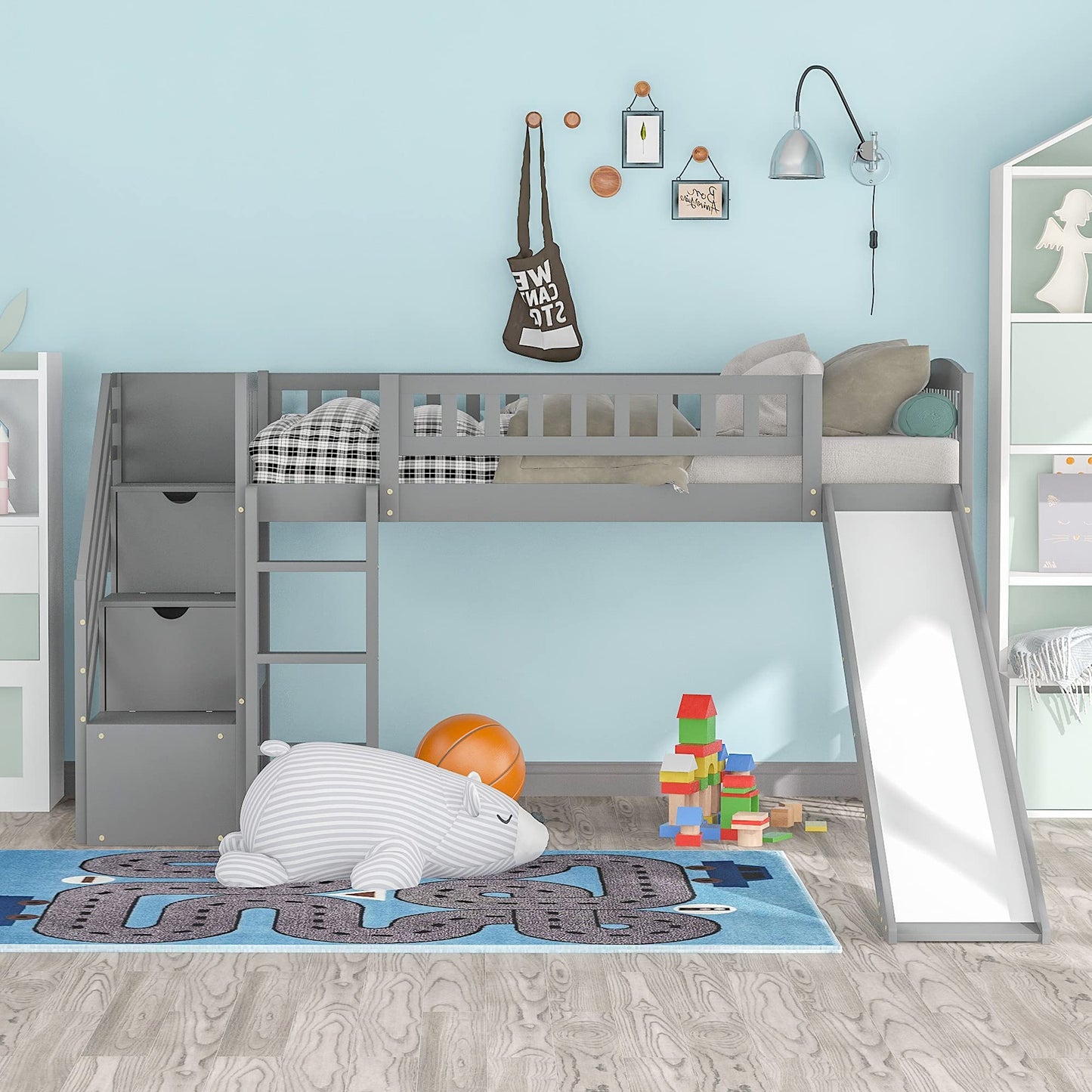 Twin Loft Bed with Slide and Storage Stairs for Kids - Grey - WoodArtSupply