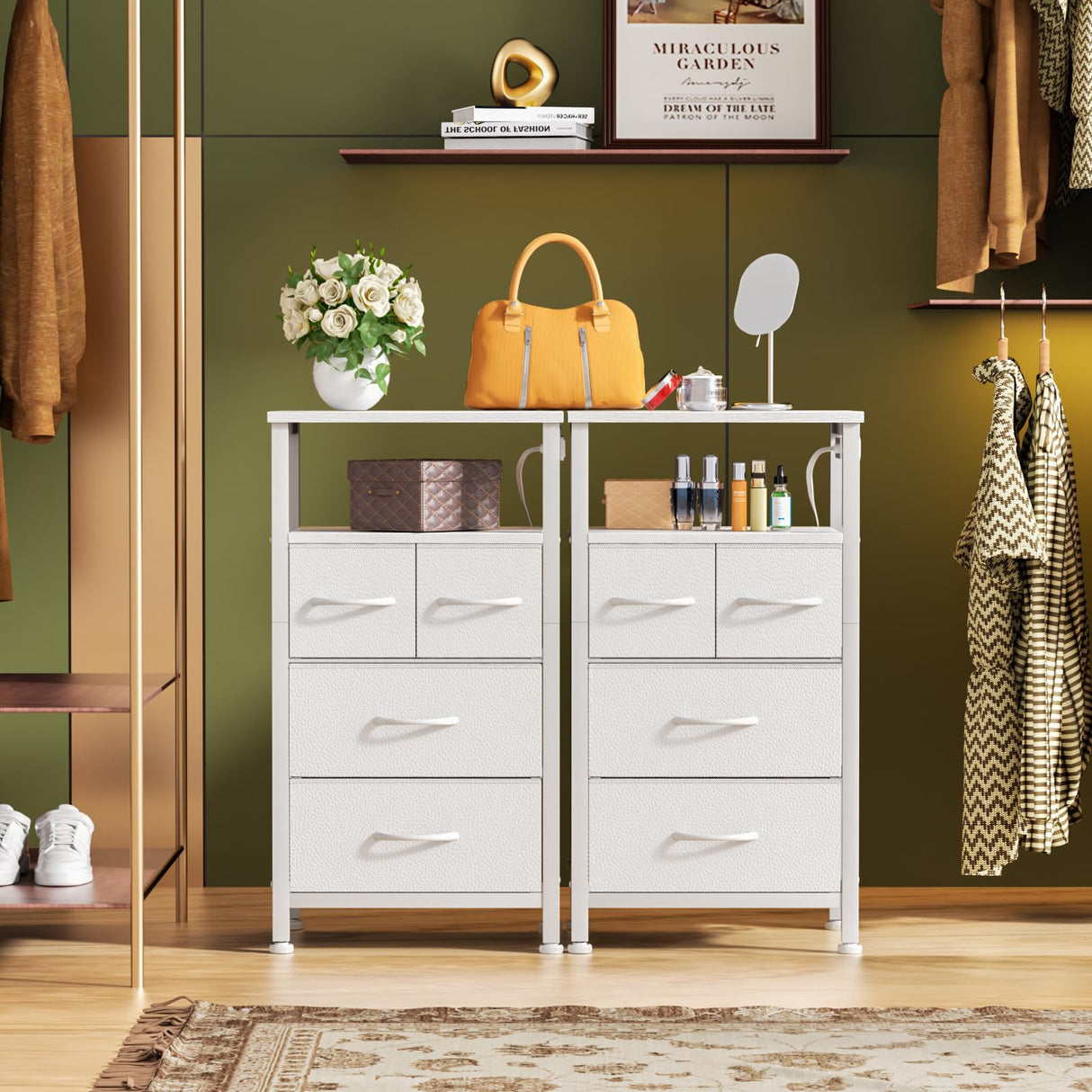 Furnulem 4 Drawer Dresser with Led Light and Charging Station, White Night Stand with Storage Shelf and Fabric & PVC Drawer, 33 Inch Bedside Table, Tall Nightstand for Entryway, Bedroom Furniture Furnulem