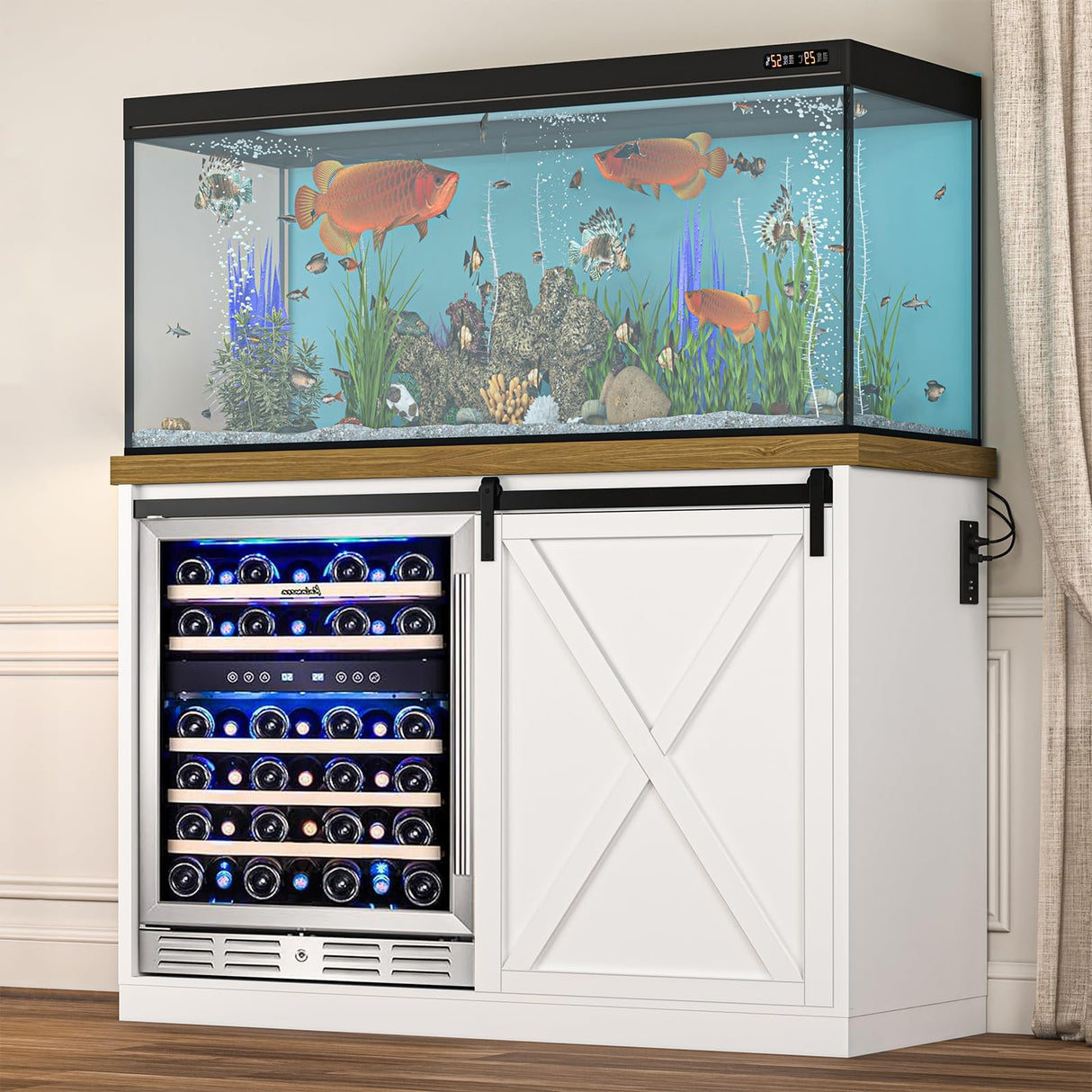 JassmiPkwy Coffee Bar Cabinet with Fridge Space, Farmhouse Wine Cabinet with Rack, Power Outlet for Kitchen Dining Room Living Room, White JassmiPkwy