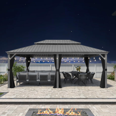 PURPLE LEAF 14' x 20' Patio Hardtop Gazebo with Light Metal Roof Heavy Duty Wind Resistance Outdoor Permanent Large Pavilion Gazebo for Patio Deck and Garden, Netting and Curtains Included, Light Grey PURPLE LEAF