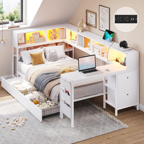 DICTAC Corner Twin Bed Frame with Desk,Charging Station and Bookcase Storage Twin Size Platform Bed Frame with Storage Drawers and Led Lights Metal Daybed with Open Shelves for Kids and Teen,White DICTAC