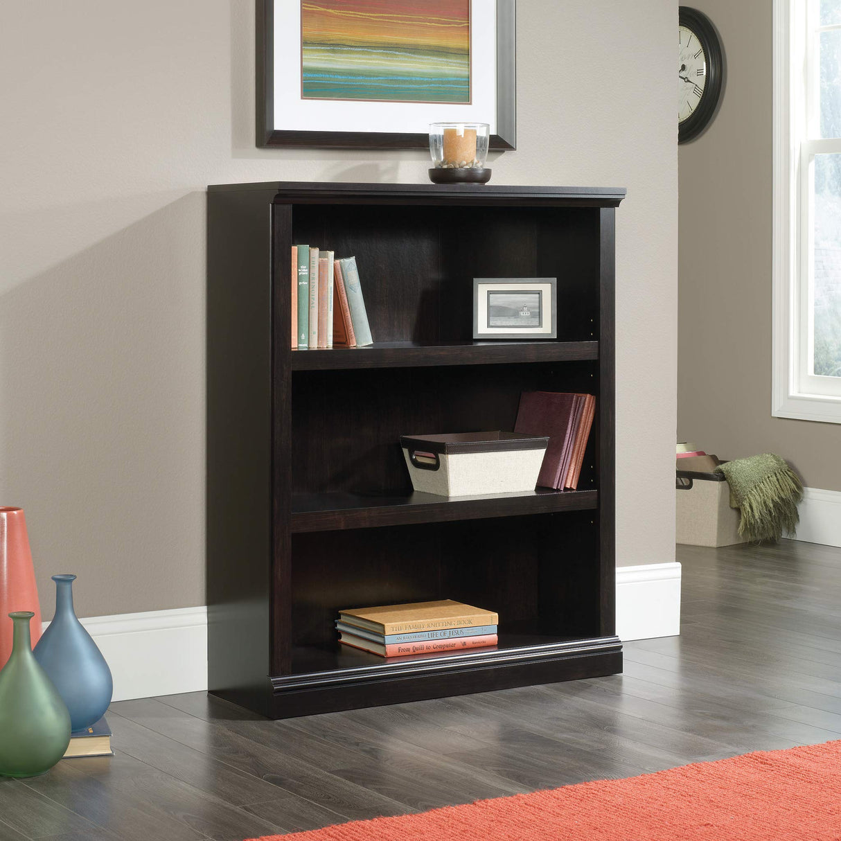 Sauder 3 Tier Book Shelf Wooden Bookcase Multipurpose Bookshelf for Home Office, Living Room, in Estate Black Sauder