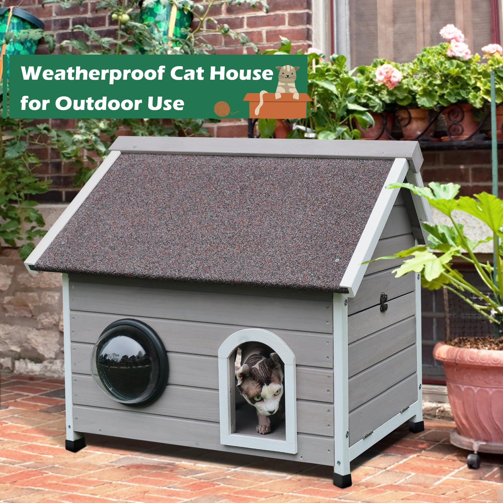 HiCaptain Outdoor Cat House for Feral Cats, Weatherproof Wooden Cat House Ideal Outdoor Shelter for Cats with Escape Door, Clear Window and Attic, Large Interior Space (Grey) - WoodArtSupply