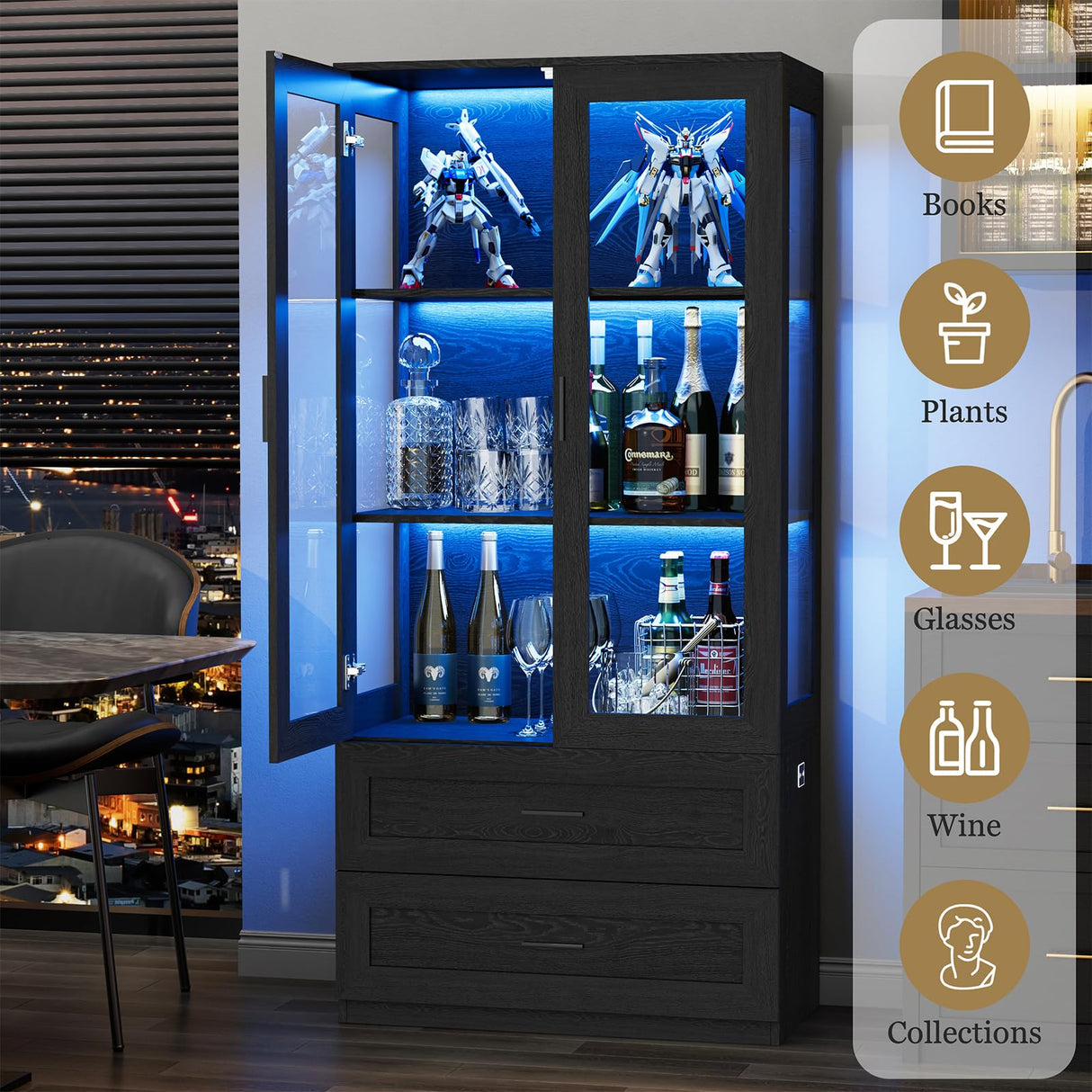 BROTTAR Display Cabinet with LED Lights, Curio Storage Cabinet with Acrylic Doors & 2 Drawers, 67" Bookcase Display Case for Collectibles, Human Body Sensor, Home Office, Living Room, Black BROTTAR