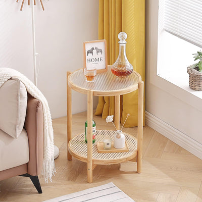 Tiita Rattan Coffee Table, Round End Table, 19.7Inch Modern Side Table, Small Bamboo Living Room Side Table, Glass Sofa End Table for Balcony and Office Outdoor/Indoor (Horizontal Stripe)