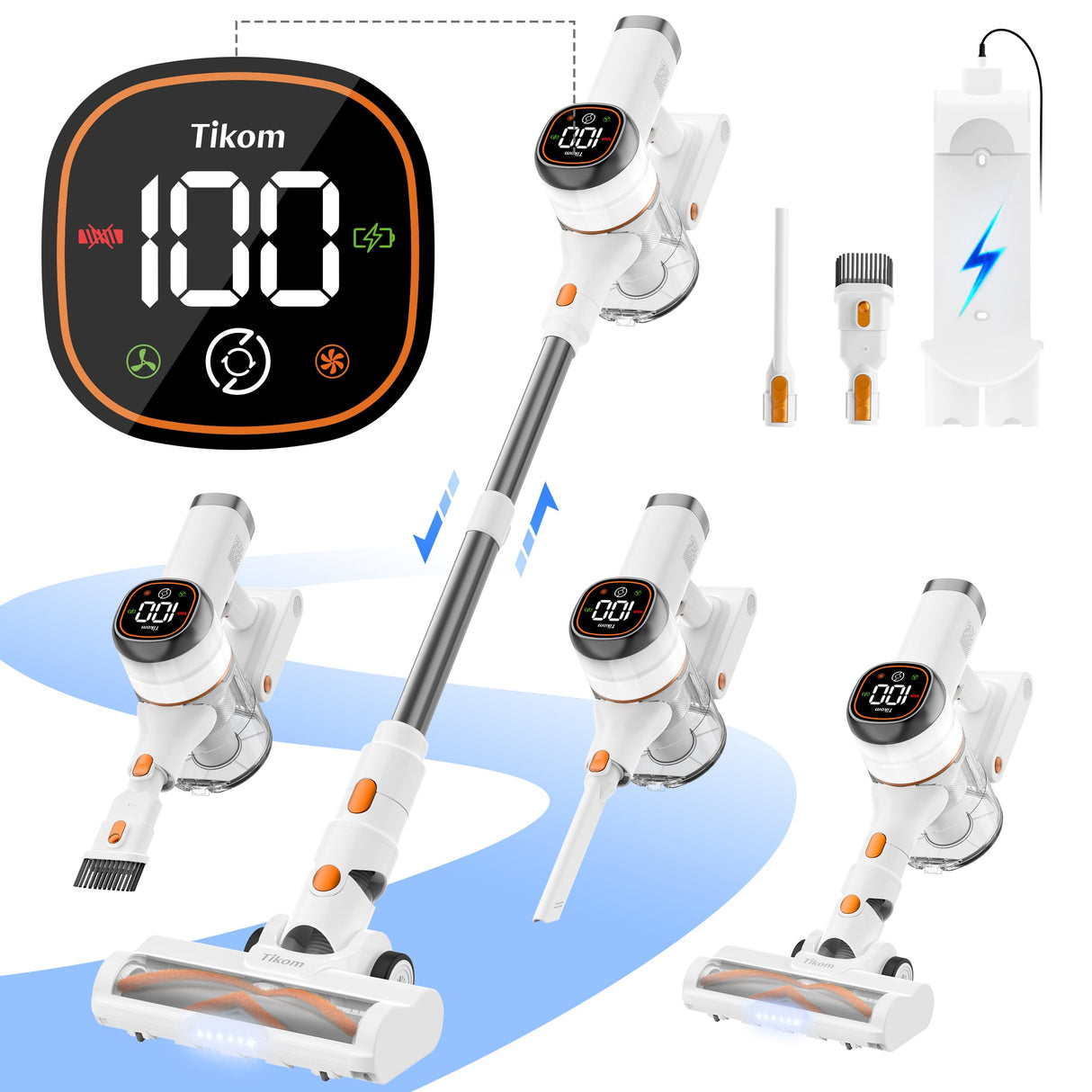 Tikom V500 Cordless Vacuum Cleaner for Home, 40000Pa/450W Stick Vacuum with LED Touch Screen, Charging Wall Dock, Anti-Tangle, Lightweight Handheld Vacuum for Pet Hair, Hard Floor, Carpet Tikom