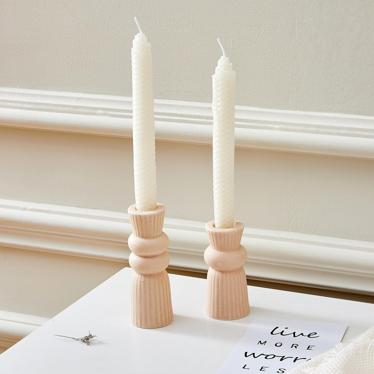Denique Ceramic Candle Holders Set of 2, Creative Modern Knot Candlestick Holder Set, Table Centerpiece Taper Candle Holders Desktop Decoration for Home Decor, Wedding, Dinning, Party (Beige) Denique
