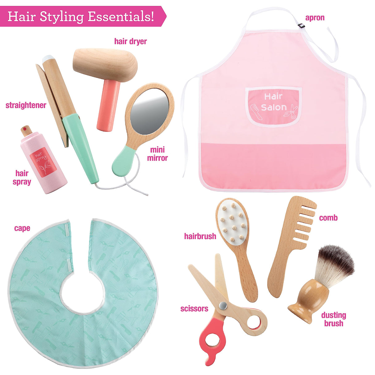 Pretend Hair Salon Wooden Play Set - Full Vanity Mirror Playset w Chair & Rolling Cart- Includes Blow Dryer, Brush, Styling, Cutting Tools & More - Hair Dresser Stylist Fun, Beauty Care for Girls Kids Svan