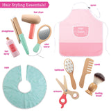 Pretend Hair Salon Wooden Play Set - Full Vanity Mirror Playset w Chair & Rolling Cart- Includes Blow Dryer, Brush, Styling, Cutting Tools & More - Hair Dresser Stylist Fun, Beauty Care for Girls Kids Svan