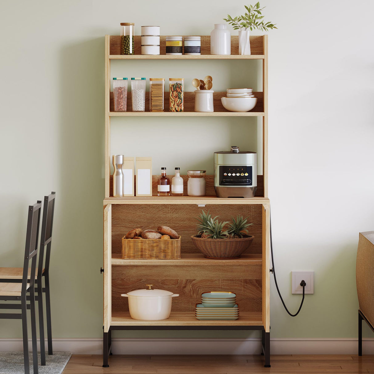 YITAHOME Bakers Rack with Storage and Power Outlet, 5 Tiers Woven Rattan Kitchen Microwave Stand Cabinet, Farmhouse Coffee Bar Station with Hutch Shelves, Oak YITAHOME