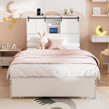 ZBOM Twin Size Bed Frame with Storage Headboard & Drawer, 3-in-1 Charging Station, Metal Slats Support, No Box Spring Needed,Upholstered Platform (White) ZBOM