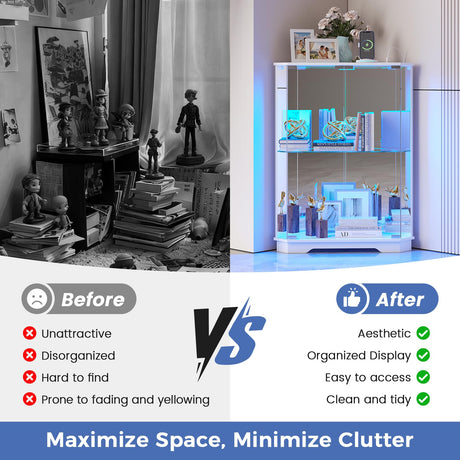 Dystler Corner Display Cabinet with Glass Doors, Small Display Case with 3-Color LED Lights and Charging Station, 2-Tier Curio Cabinet with Storage and Shelf for Living Room, White Dystler