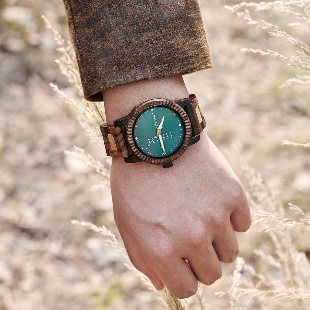 BOBO BIRD Mens Wooden Watch Analog Quartz with Week Display Lightweight Handmade Wood Wrist Watch for Men (Green) BOBO BIRD