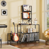 kepptory Vinyl Record Player Stand with Guitar Stand, Record Player Table with RGB LED Light, Record Player Cabinet with Vinyl Storage Holds up to 300+ Albums, Vinyl Player Stand for Home Use (Black) kepptory