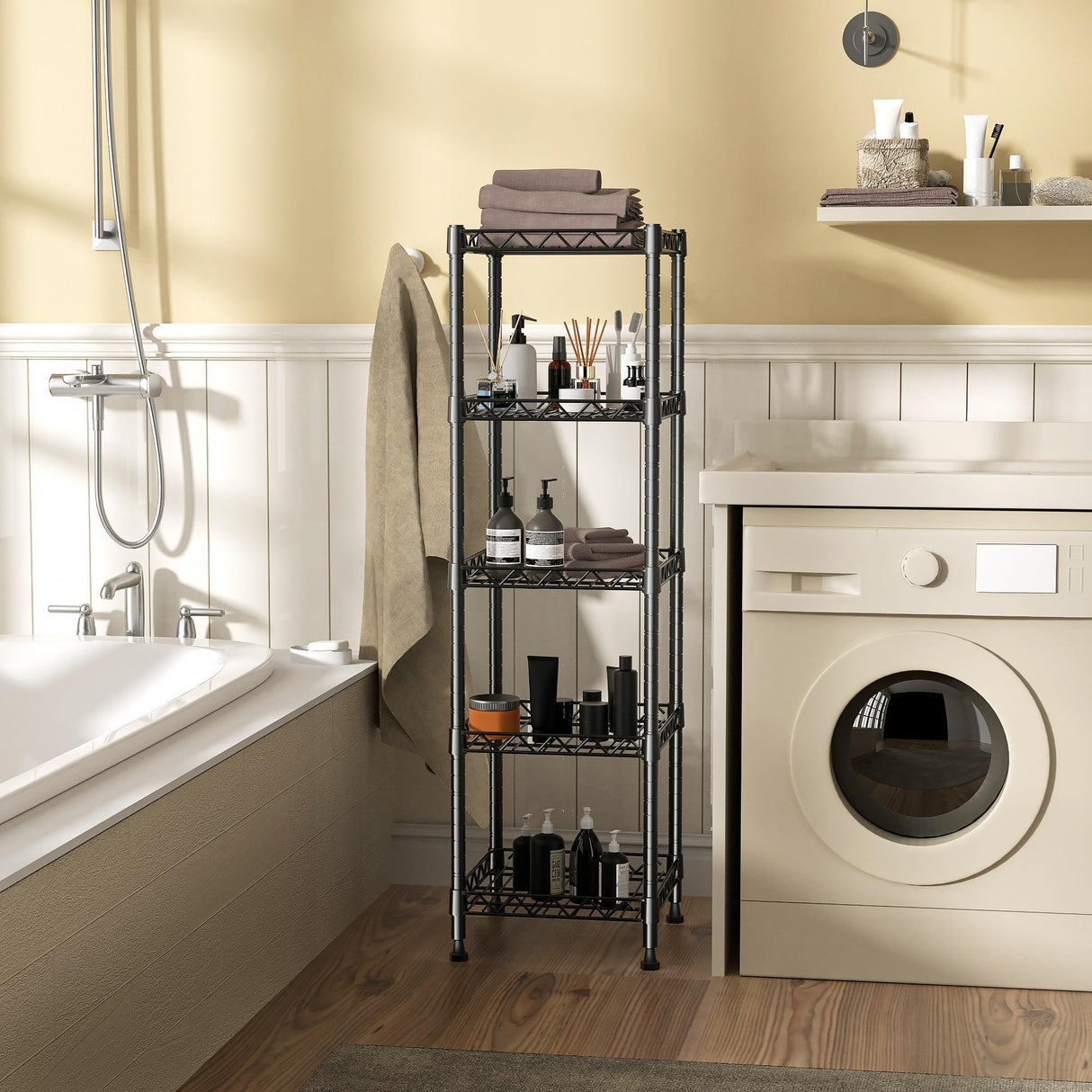 GIOTORENT 5 Tier Standing Shelving Metal Units, Adjustable Height Wire Shelf Display Rack for Laundry Bathroom Kitchen 11.8 W x 11.8 D x 50 H (5-Tier, Black) GIOTORENT