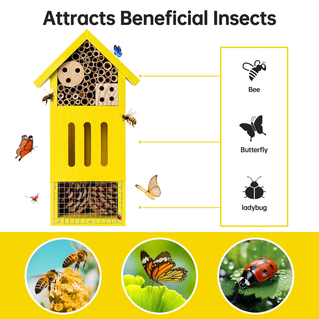 Bee House Bug Hotel & Butterfly House, Handcrafted Wooden Ladybug House, Natural Insect Habitat for Garden, Patio, or Yard, Durable Pine Wood, Attracts Pollinators, 10.4 x 5.5 x 3.2 Inches UUMENHA