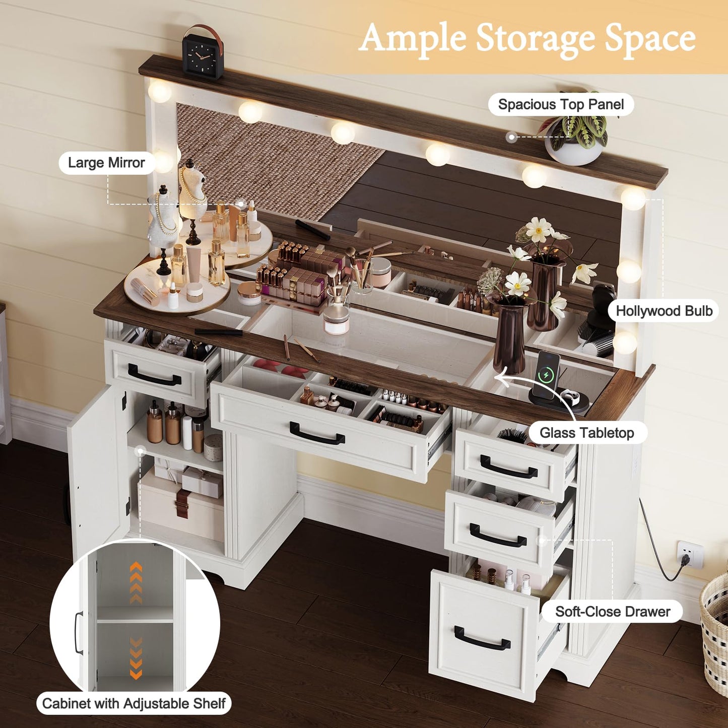 YUMPIE 55”Farmhouse Vanity Desk with Large Mirror & Lights, Glass Top Large Makeup Vanity Table with 10 Hollywood Lights Bulbs, Charging Station, 5 Drawers, Dressing Table for Bedroom, Rustic White