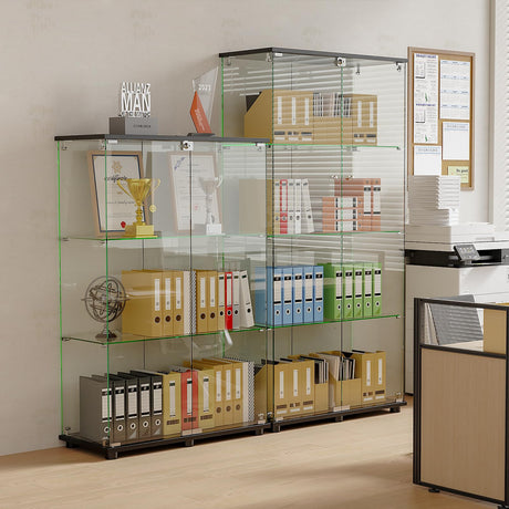 ROOMTEC Glass Display Cabinet with 4 Shelves, Double Doors, Floor Standing Display Cage, for Living Room Bedroom Office, 64 x 31.7 x 14.3 in, Black ROOMTEC