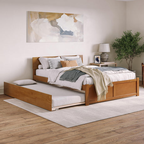 AFI Orlando Queen Solid Wood Platform Bed with Footboard & Twin XL Trundle in Light Toffee AFI