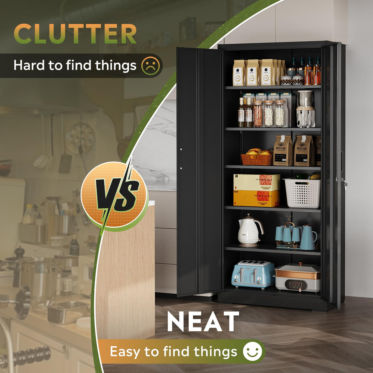 DEVAISE Metal Garage Storage Cabinet with 2 Doors and 5 Adjustable Shelves, 71'' Black Lockable Steel File Cabinet for Garage, Home, Office, Shool, Gym DEVAISE