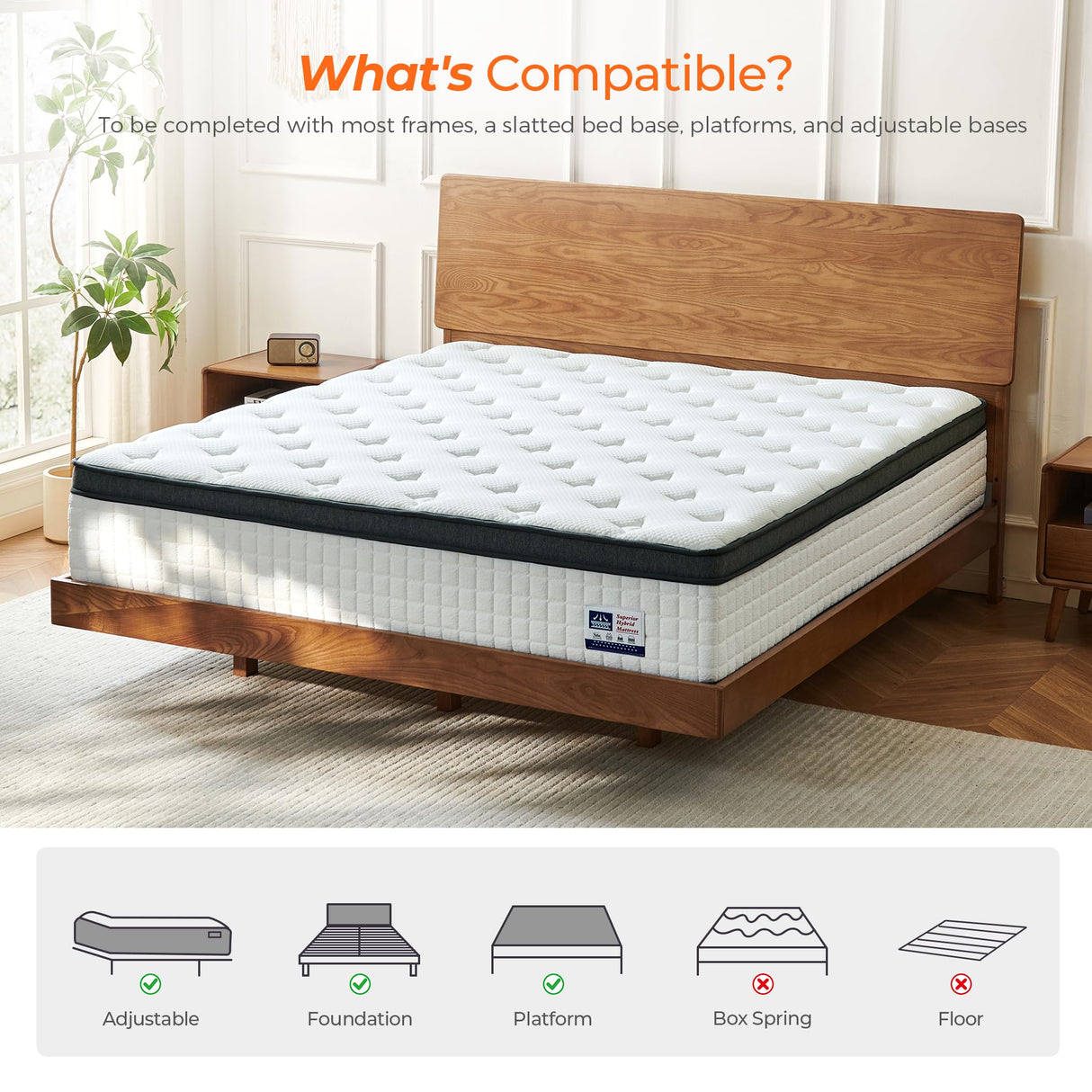Vumece 14 Inch King Size Mattress in a Box, Luxurious Hybrid Mattress with Pressure Relieving Memory Foam and Individual Pocket Innerspring Coils for Balanced Feel, CertiPUR-US Certified Vumece
