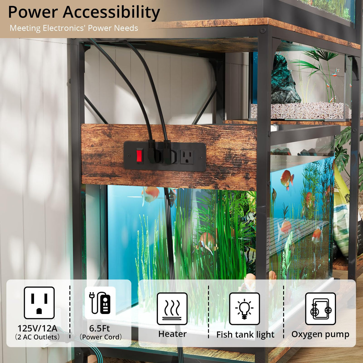 VOWNER 20-29 Gallon Fish Tank Stand with Power Outlet, Wood Aquarium Stand with Shelves for Fish Tank Accessories Storage, Heavy Duty Metal Frame, Turtle Reptile Terrarium Stand, Load 500lb, Brown VOWNER