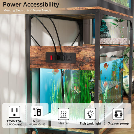 VOWNER 20-29 Gallon Fish Tank Stand with Power Outlet, Wood Aquarium Stand with Shelves for Fish Tank Accessories Storage, Heavy Duty Metal Frame, Turtle Reptile Terrarium Stand, Load 500lb, Brown VOWNER