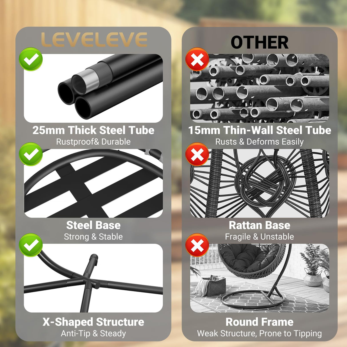 LEVELEVE Egg Chair with Stand,Patio Rattan Wicker Hanging Swing Egg Chair Hammock Chair for Bedroom Porch Garden,Thickened Aluminum Alloy Steel Frame and UV Resistant Cushion,350LBS Capacity LEVELEVE