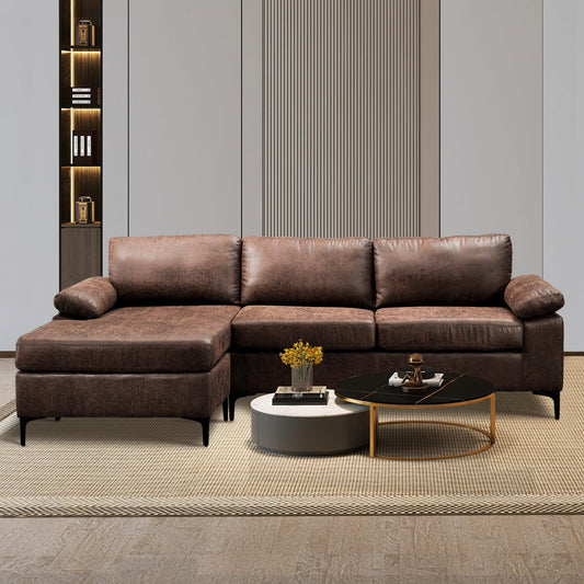 ovios 97.6" L Shaped Sectional Sofa with Reversible Chaise, 3 Seat Comfy Suede Leather Couch with Convertible Chaise, Modern Mid-Century Sofa for Living Room, Dark Brown