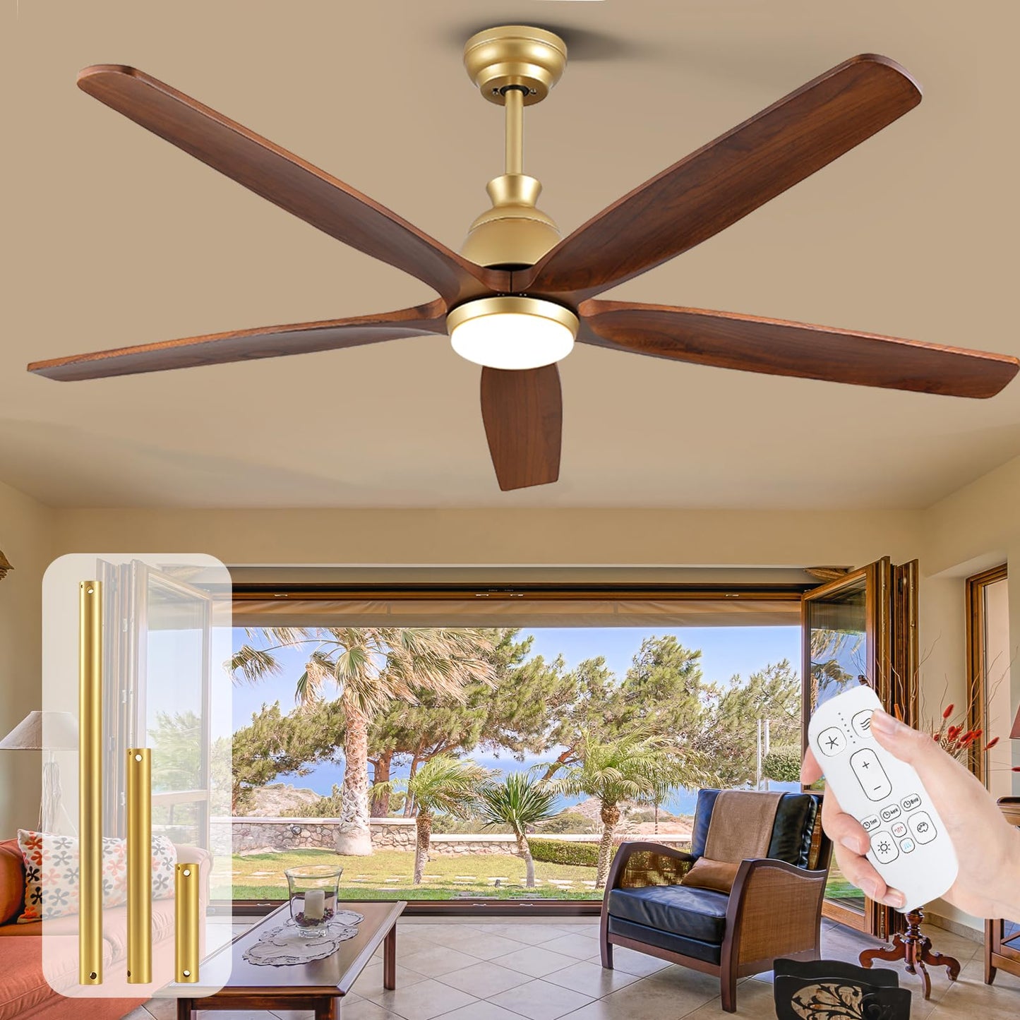 52 Inch Outdoor Ceiling Fans for Patios with Light, Large Airflow Ceiling Fan Indoor Exterior Ceiling Fan Damp Rated, Rustic Wood Ceiling Fan Gold for House Porch Gazebo Commercial, Quiet DC  - WoodArtSupply