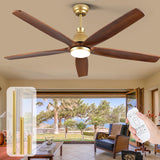 52 Inch Outdoor Ceiling Fans for Patios with Light, Large Airflow Ceiling Fan Indoor Exterior Ceiling Fan Damp Rated, Rustic Wood Ceiling Fan Gold for House Porch Gazebo Commercial, Quiet DC Motor YZEENM