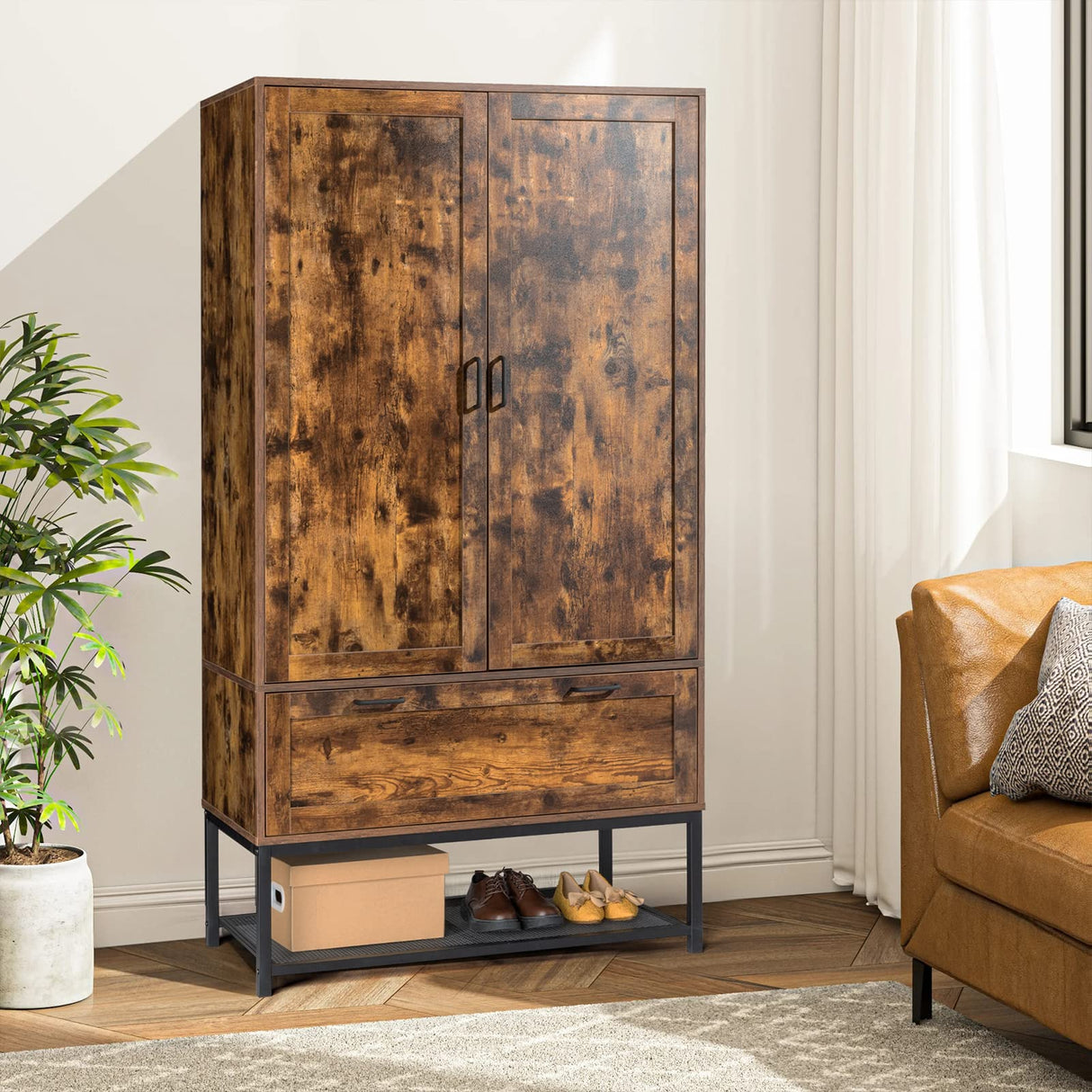 VINGLI Armoire, Wardrobe Closet with Hanging Rod, Bedroom 71" Freestanding Wardrobe Cabinet with Doors, Adjustable Shelves and Drawer, Open Compartment, Rustic Brown VINGLI
