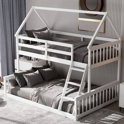 KOMFOTT White Twin Over Full House Bunk Bed with Built-in Ladder and Safety Guardrails - WoodArtSupply