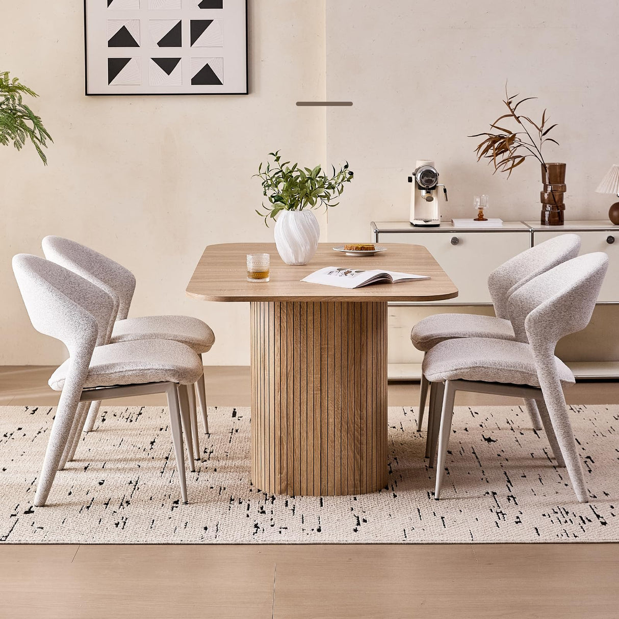 Lecafur HL 63" Large Dining Table for 4 6 Person, [Rounded Corners] [Wood Strip Pedestal Base] Farmhouse Modern Rectangle Kitchen Dinner Table Lecafur HL