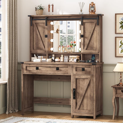 Farmhouse Vanity Desk with Mirror and Lights, 41" Sliding Door Makeup Vanity with Charging Station, Large Vanity Table with Drawers/Shelves/Cabinet Storage, Rustic Oak - WoodArtSupply