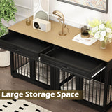 DAWNSPACES Dog Kennel Furniture, 64.6 Inch Heavy Duty Wooden Large Furniture Style Dog Crate with Drawers & Divider, Indoor Dog House TV Stand with Double Rooms for Medium Small Dogs, Black DAWNSPACES