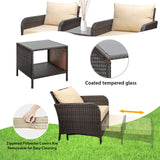 LEVELEVE Balcony Furniture 5 Piece Patio Conversation Set, PE Wicker Rattan Outdoor Lounge Chairs with Soft Cushions 2 Ottoman&Glass Table for Porch, Lawn-Brown Wicker LEVELEVE