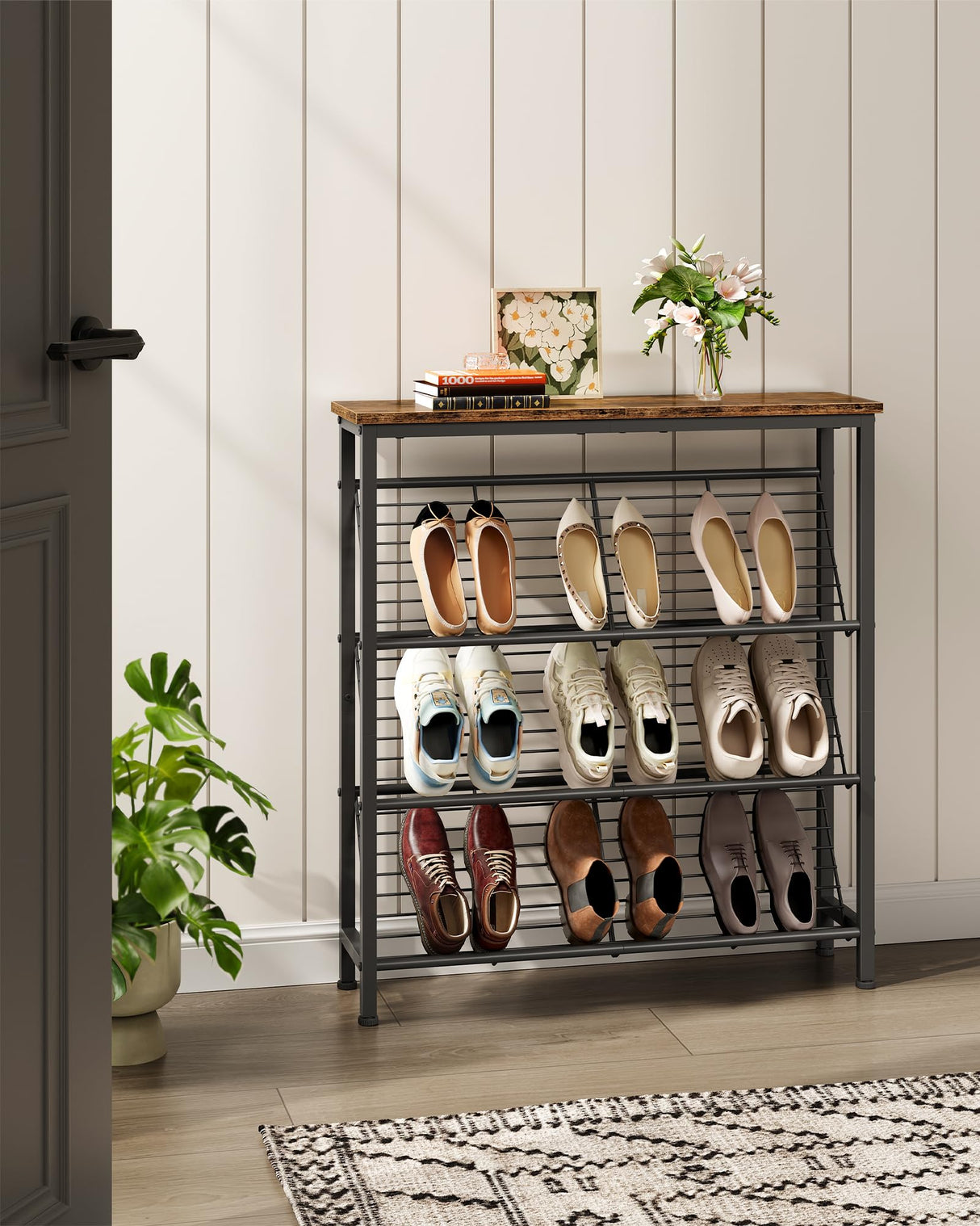 CHOEZON Shoe Rack, 4-Tier Narrow Shoe Storage Shelf, Slim Shoe Rack with Wooden Top and Metal Shelves, Slanted Shoe Organizer, Industrial Style, for Entryway, Hallway, Rustic Brown and Black TXJ76BF CHOEZON