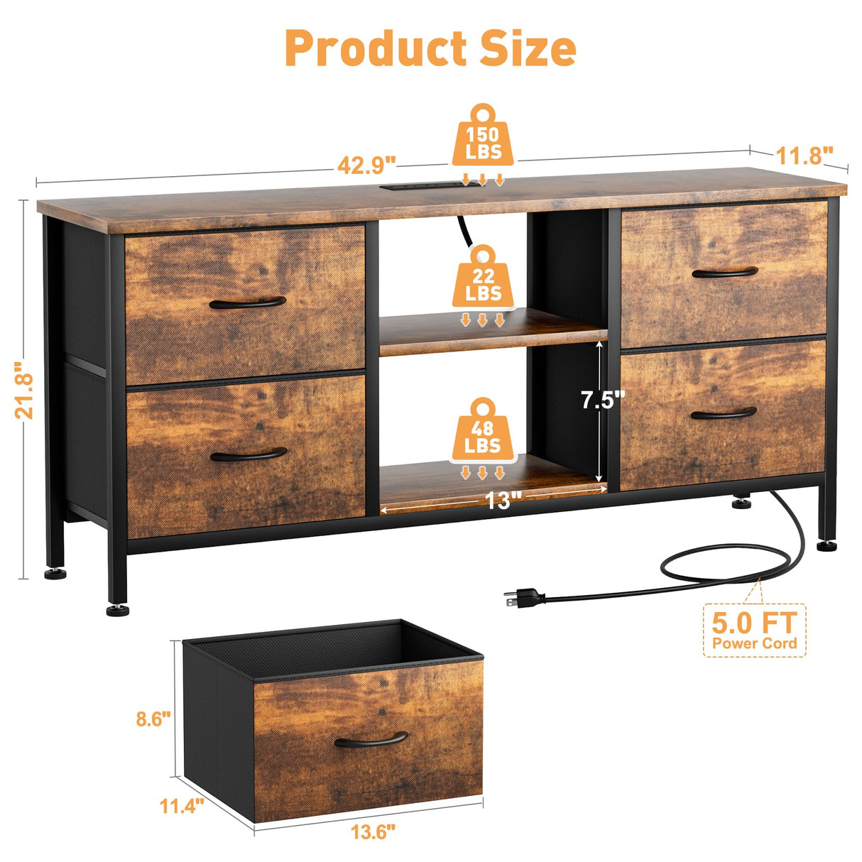 YaFiti TV Stand Dresser for Bedroom, Entertainment Center with Power Outlet for 50" TV, Dressers with 4 Fabric Drawers & Open Shelves for Living Room, Bedroom, Entryway, Rustic Brown YaFiti