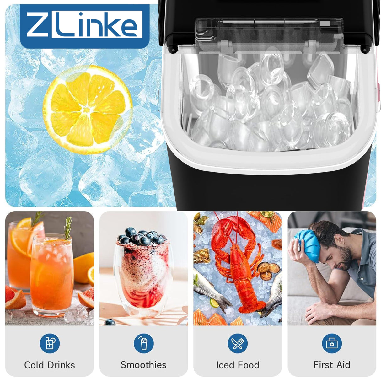 Countertop Ice Maker, Ice Maker Machine 6 Mins 9 Bullet Ice, 26.5lbs/24Hrs, Portable Ice Maker Machine with Self-Cleaning, Ice Scoop, and Basket (Black) Zlinke