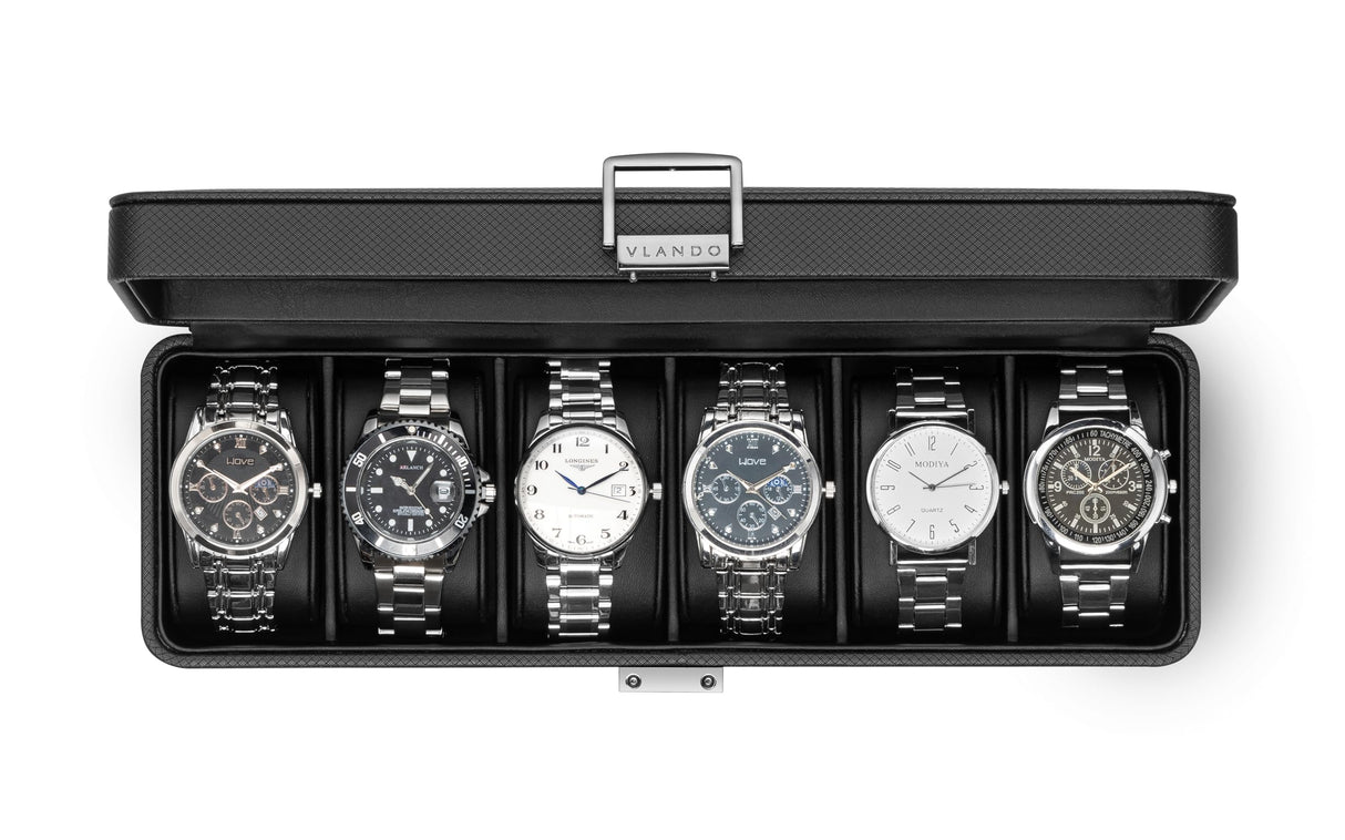 Vlando Watch Case for Fathers Day Gifts, 6-Slot Watch Box for Men with Glass Lid, Lockable, Business Textured Leather, Soft Pillow, Gifts for Dad, Husband, Friends - Black Vlando