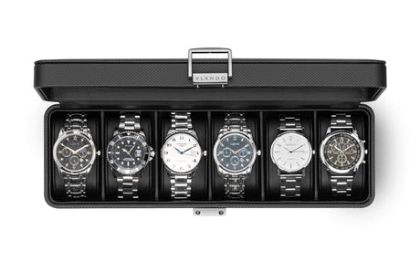 Vlando Watch Case for Fathers Day Gifts, 6-Slot Watch Box for Men with Glass Lid, Lockable, Business Textured Leather, Soft Pillow, Gifts for Dad, Husband, Friends - Black Vlando