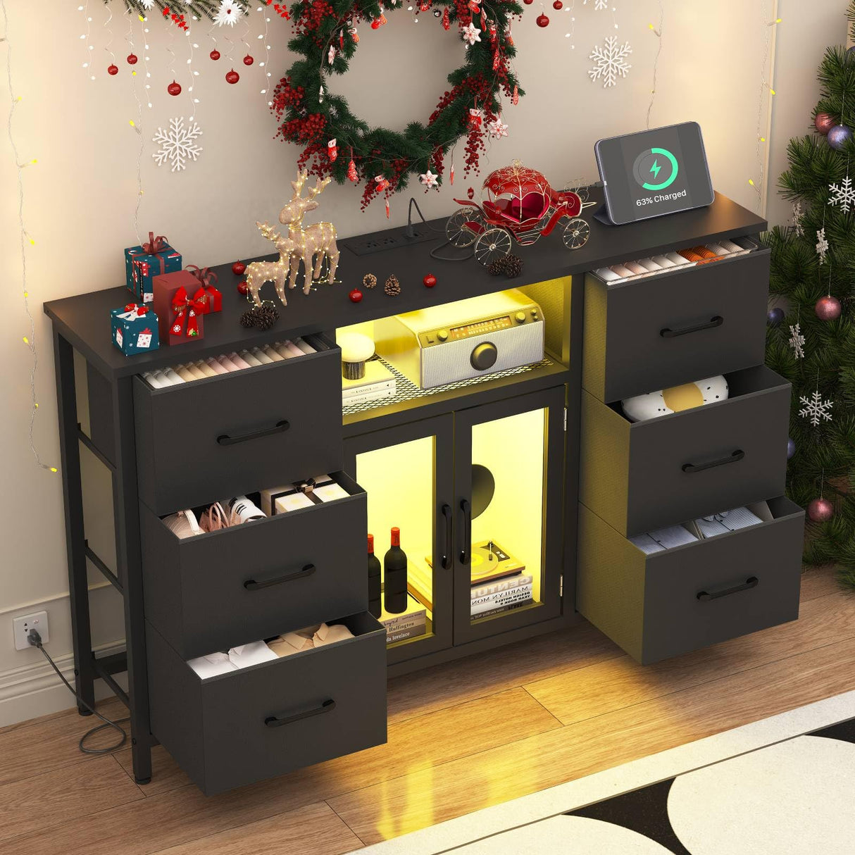 FFBCFDK Dresser for Bedroom with Charging Station & LED Light, Black 6 Drawer Dresser with Adjustable Feet, Wide Anti-Tip TV Stand for 60" TV, Fabric Chest of Drawer Storage Organizer for Living Room FFBCFDK