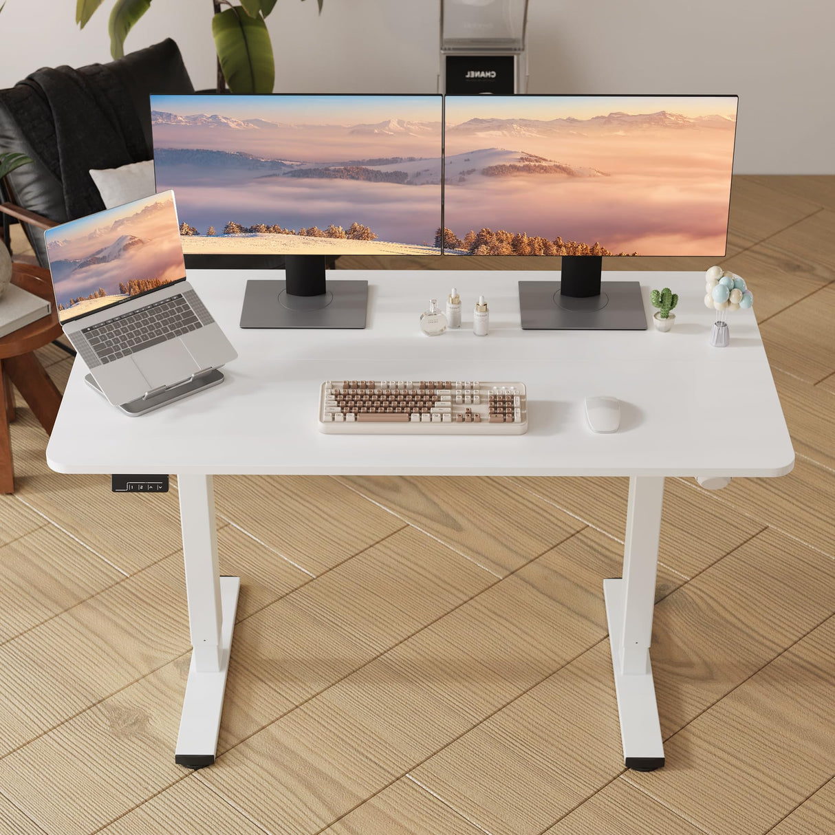 LongKe Electric Standing Desk Adjustable Height, Stand up Home Office Desk, 55x24 Inches Sit Stand Desk with Memory Preset, White LongKe